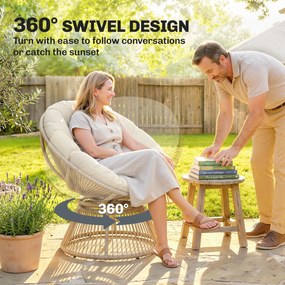 Outsunny Fotel Papasan 360° obrotowy z poduszką stalowa rama okrągły fotel z rattanu fotel wypoczynkowy kremowy | Aosom PL