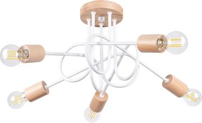 Żyrandol Minimalistyczny Ember, Stal/Drewno - 5 Źródło - L.15 X H.26 Cm - Biały/Naturalne Drewno