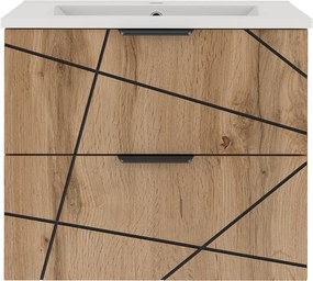 Szafka do łazienki z wpuszczaną umywalką Wood 02, dąb wotan, 60 cm - zestaw 3