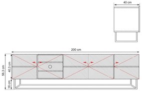Szafka RTV Asha 200 cm z ryflowanym frontem i metalowym, czarnym stelażem - artisan / rivier stone mat