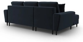 Ciemnoniebieski aksamitny rozkładany/ze schowkiem narożnik (lewostronny/z szezlongiem) Kyoto – Cosmopolitan Design