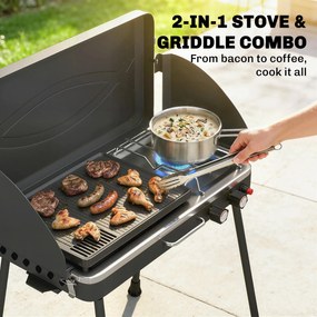 Outsunny Przenośny grill gazowy 2 palniki 5,9 kW 2-w-1 grill stołowy z pieczeniem składane nogi ruszt osłona przeciwwiatrowa pokrywa zamknięcie | Aosom PL
