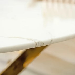 Stół Okrągły Szklany BALI 100 cm Biały Marmur/Złoty Glamour