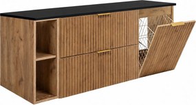 Zestaw szafek łazienkowych z koszem na pranie, Dąb Craft / Blat Czarny / Uchwyty Złote, 140 x 57 x 46 cm