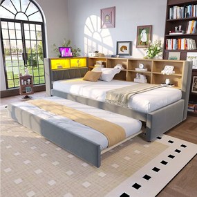Sofa rozkładana 90 x 200 cm z łóżkiem wysuwanym 90 x 190 cm - z diodami LED + gniazdkami + półką - Flanela - szara