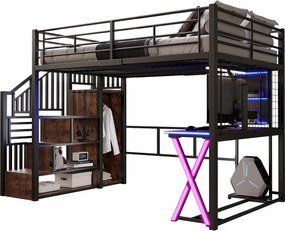 Łóżko piętrowe 140x200cm z oświetleniem LED - biurko + szafa + drabinka - czarne