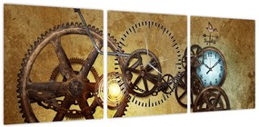 Obraz starych mechanizmów zegarowych (z zegarem) (90x30 cm)