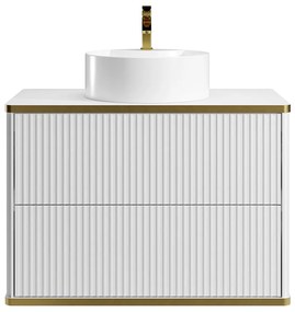 Szafka łazienkowa wisząca  ryflowana ze złotą listwą i okrągłą umywalką nablatową - Biały - 80 cm - KELIZA