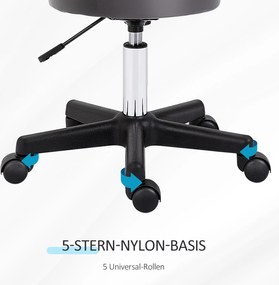 HOMCOM Taboret Salonowy, regulowany, ergonomiczny, obrotowy 360°, 5 kółek, pokrycie syntetyczne, Szary