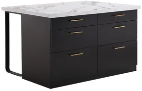 Wyspa kuchenna z 6 szufladami z MDF i metalu - Czarny i Efekt białego marmuru - ALEGRITA