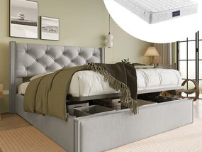 Łóżko ze schowkiem 160 x 200 cm z zagłówkiem - łóżko dla dorosłych - Tkanina bawełniana - jasnoszary + Materac