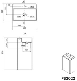 Umywalka wolnostojąca PB2022Odlew mineralny - Biały mat - 60 x 42 x 90 cm