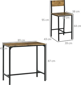 HOMCOM 3-częściowy zestaw barowy, stół barowy, 2 krzesła, MDF, stalowy stelaż, wodoodporny, brązowy