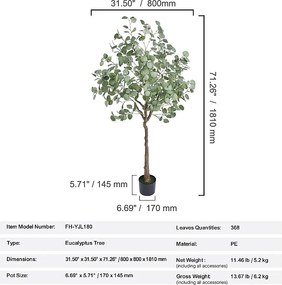 Drzewo Artyficjalne SucceBuy 181 cm, Roślina Artyficjalna PE, do Domu Biuro Centra Handlowe Wewnątrz Zewnątrz