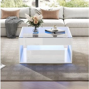 Stolik kawowy lakierowany na wysoki połysk - 70 x 70 x 35 cm - z 2 szufladami + diody LED - blat ze szkła hartowanego - MDF - biały