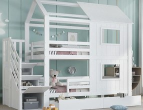 Łóżko piętrowe 90x200cm - z 2 szufladami - schody z miejscem do przechowywania - z oknami i dachem - Drewno lite + MDF - Biały (bez materaca)