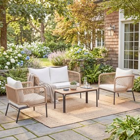 Outsunny Zestaw Mebli Ogrodowych dla 4 Osób z Sofą, 2 Fotelami, Stolik Kawowy z Lamellami, Zdejmowane Poduszki | Aosom PL