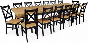 Stół duży i 14 krzeseł Czarny + Dąb Craft 100x200 rozkładany do 300 cm + nogi drewniane