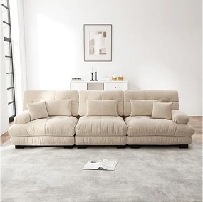 Duża sofa beżowa - 3-osobowa - z 5 poduszkami - rama z litego drewna - Plusz - 313x77x81cm