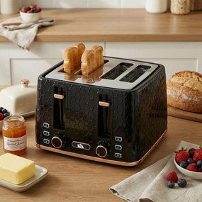 HOMCOM Toster na 4 kromki z 7 poziomami przyrumienienia, wysoki podnośnik, podgrzewanie/rozmrażanie/anulowanie, 1860W, czarny z wzorem plastra miodu | Aosom PL