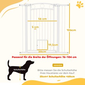 PawHut 106 cm Wysoka Bramka dla Zwierząt z Regulacją Szerokości, Wbudowane Drzwiczki dla Kota, dla Schodów i Drzwi, Biała