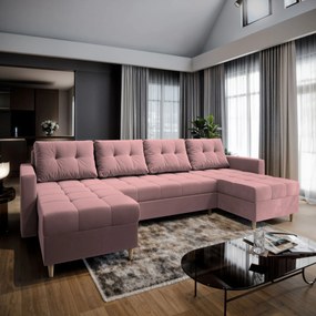 Masseno Narożnik MILO z funkcją spania i pojemnikiem na pościel Narozniki U, Rozkładana sofa - Pudrowy róż, KRONOS 27