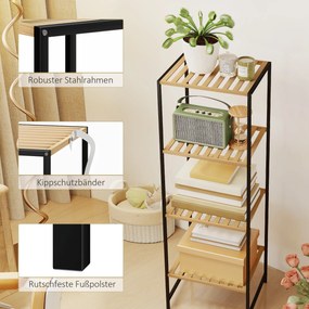 HOMCOM Regał stojący z bambusa i stali, 4 półki, 4-poziomowy regał na książki, 36,5 x 33 x 110 cm, naturalny | Aosom PL