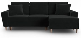Czarny aksamitny rozkładany/ze schowkiem narożnik (prawostronny/z szezlongiem) Kyoto – Cosmopolitan Design