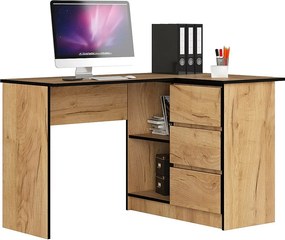 Biurko narożne AKORD B16 Dąb Craft 124 cm prawe 3 szuflady kolor Dąb Craft mat 2 półki 124x85x77 cm