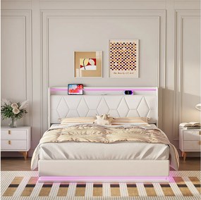 Łóżko podwójne 140x200 cm białe z hydraulicznym schowkiem, regulowanymi LED i interfejsem USB, tapicerowane, rama metalowa i drewniana, bez materaca