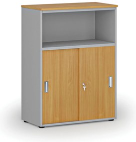 Szafa biurowa kombinowana z drzwiami przesuwnymi PRIMO GRAY, 800 x 420 x 1087 mm, szary/buk