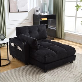 Sofa 1-osobowa z tapicerowanym oparciem, portem USB i uchwytem na kubek – czarny sztruks