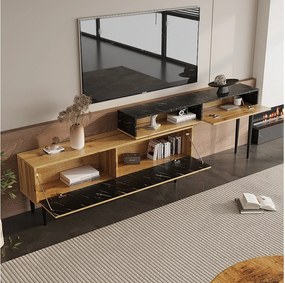 Drewniano-czarna szafka pod telewizor - szafka pod telewizor z 2 opuszczanymi drzwiami i żelaznymi nogami - Otwarta przestrzeń do przechowywania