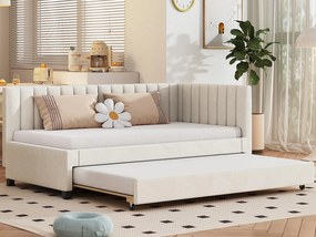 Łóżko pojedyncze 90x200 cm z łóżkiem wysuwanym - tapicerowane welurem z stelażem na listwach - Beżowe