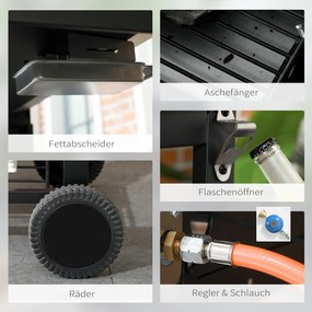 Outsunny Grill gazowy BBQ-Grill, z termometrem, płytkami podgrzewającymi, 161 x 53 x 101 cm, Czarny + Srebrny