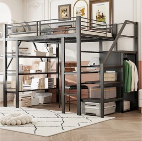 Łóżko piętrowe dla dzieci - 140 x 200cm - z biurkiem + szafą + schodkami ze schowkiem - metalowe - czarne