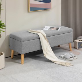 HOMCOM Ławka tapicerowana z przestrzenią do przechowywania, wykończenie w wyglądzie lnu, nogi z drewna kauczukowego, do 220 kg, 110x39x45cm, szara