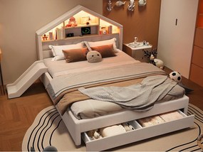 Dziecięce łóżko tapicerowane 140x200cm - z LED i portem ładowania - ze zjeżdżalnią - możliwość montażu po lewej lub prawej stronie - welur - beżowy (bez materaca)