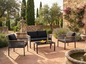 Mały zestaw mebli na balkon (2 x fotel, sofa + stolik) CORTO czarne aluminium, szary technorattan