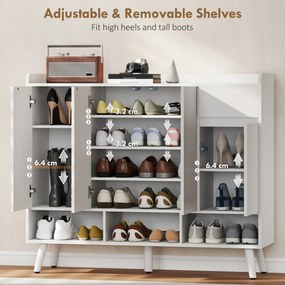 HOMCOM Szafka na buty z bezuchwytowym designem, 4 drzwi, 4 regulowane półki, wolnostojący regał na buty z 5 drewnianymi nogami, drewno, Biały