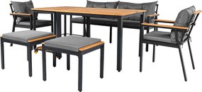 Zestaw ogrodowy metalowy stół i krzesła - 1 sofa 2-osobowa + 2 fotele + 2 stołki + 2 stoliki kawowe - Czarny, szary i naturalny