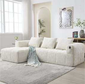 Sofa 3-osobowa w kształcie litery L - 250 x 158 x 60 cm - z szezlongiem + podłokietnikami + 3 poduszkami - Chenille - beż