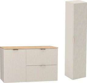 Kaszmirowy Zestaw do Łazienki 100cm Szafka Blat Orzech Szafka z Koszem Słupek Ryflowane Fronty