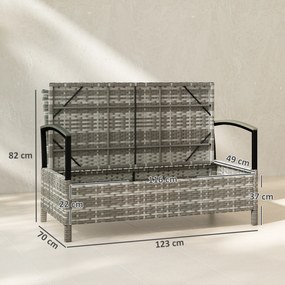 Outsunny Ławka ogrodowa ze schowkiem, 2-osobowa, z poduszką, pojemnik 125L, rattan PE, 123 x 70 x 82 cm, ciemnoszara | Aosom PL