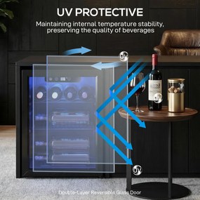 HOMCOM Chłodziarka do wina na 16 butelek, 48 L pojemności, temperatura 4–16°C, podblatowa lodówka na napoje i piwo, z szklanymi drzwiami i LED światłem | Aosom PL