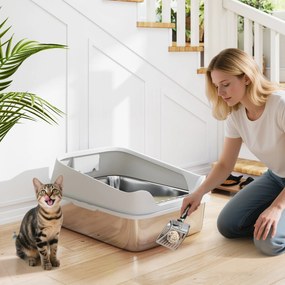 PawHut Kuweta ze stali nierdzewnej otwarta z łopatką, wysokie ścianki dla dużych kotów do 12 kg, 69,8 x 50,3 x 29,8 cm, Szara | Aosom PL