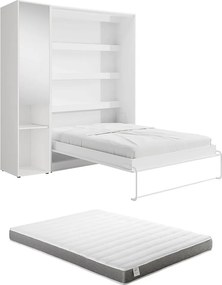 Łóżko chowane w szafie pionowe 140 x 200 cm - 1 kolumna do przechowywania - Z lustrem i oświetleniem LED - Białe + Materac - RAPILI