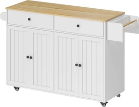 HOMCOM Przesuwna wyspa kuchenna na kółkach, 2 szuflady, 2 szafki, przesuwna, półka na przyprawy, uchwyt na ręcznik, uchwyt na noże, MDF, Biały