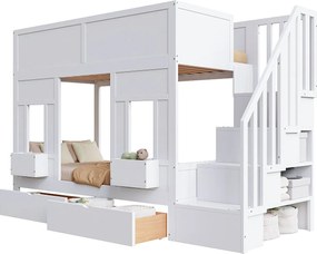 Łóżko piętrowe dziecięce 90 x 200 cm - z drabiną z pojemnikami - z 2 szufladami - z barierkami bezpieczeństwa - biały​ (materac nie jest wliczony w cenę)