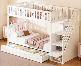 Łóżko piętrowe dla dzieci 90x200 cm - z litego drewna - z schodami do przechowywania i 2 szufladami - Białe